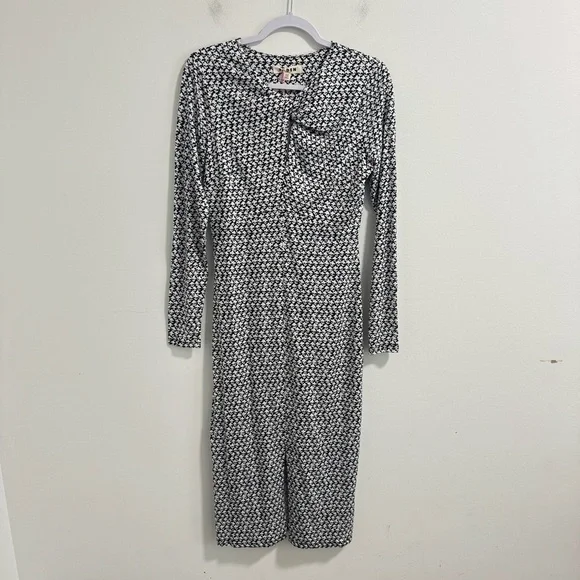 Boden Empire Knot Midi Jersey Dress Stretch Black Lily Sprig Long Sleeve 4R  NWT